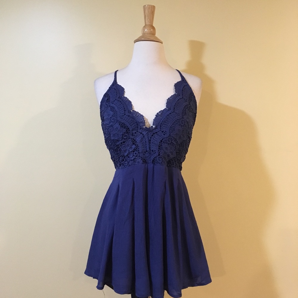 Indigo Floral Crochet Lace Open Cross Back Romper - Picture 5 of 8